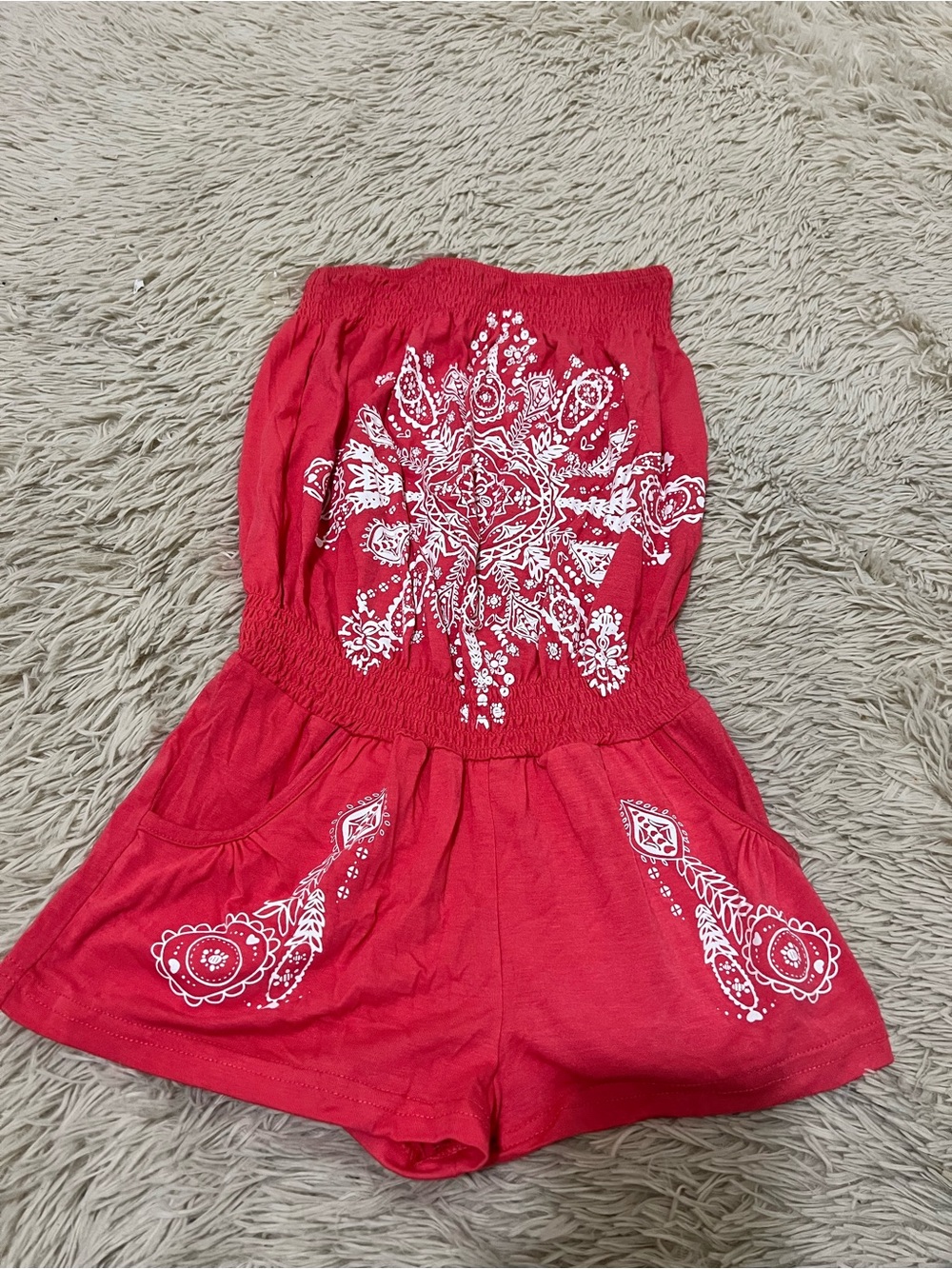 VENUS Red Strapless Women's Shorts Romper with White Print